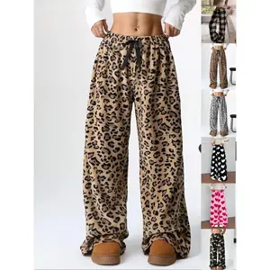 Women's leopard print bow decorated elastic waist wide pants, casual, soft and comfortable daily pants, autumn and winter women's underwearRAIMENTRY
