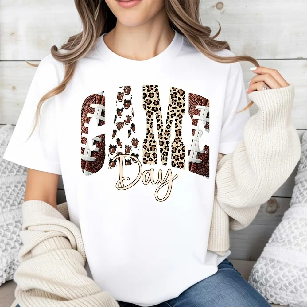 Leopard Print Football Game Day Graphic T-Shirt, Fall Sports Season Fan Apparel, Casual Weekend Tailgate Party Outfit