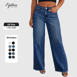Eytino Women's Plus Size Wide Leg Jeans Elastic High Waist Stretchy Raw Hem Denim Pants with Pockets(1X-5X)