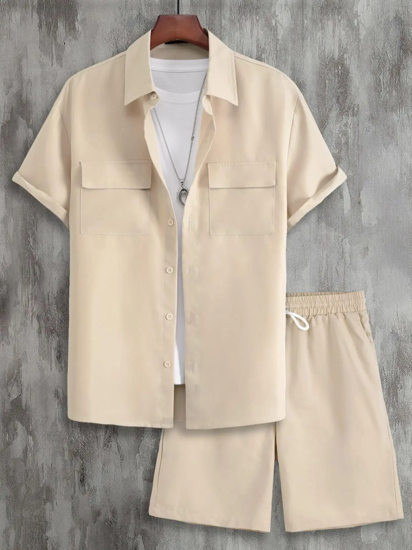 Two-Piece Set Men's Button Front Shirt & Drawstring Waist Shorts Set, Regular Fit Short Sleeve Collared Shirt & Track Shorts, Men's Two-piece Outfits