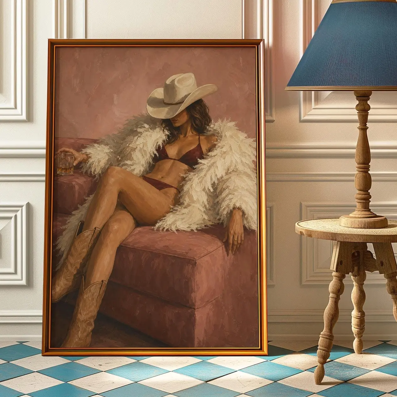 Sensual Cowgirl Feather Coat Whisky Poster, Boudoir Wall Art, Glam Western Bikini Print