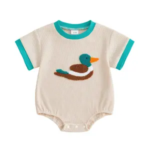Infant Baby Boy Bubble Romper Summer Short Sleeve Mallard Duck Embroidery Waffle Knit Jumpsuit 0-18 Months