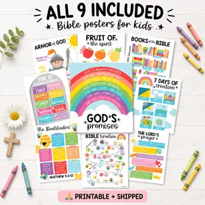 [3 New Designs] Bible Posters | Set of 9 | Sunday School Classroom Decoration Sticker Learning Tool