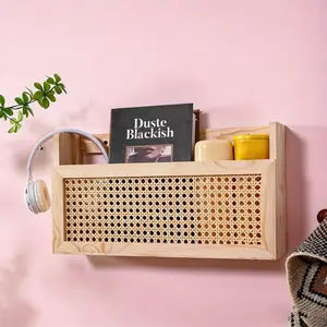 1pc Country Style Wall Decor Storage Box, Hanging Wooden Magazine Rack with Woven Vine Details, Perfect for Organizing Magazines Books Albums