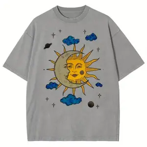 Women's Sun & Moon Celestial Washed Cotton Crew Neck Tee, Ideal for Boho Outfits