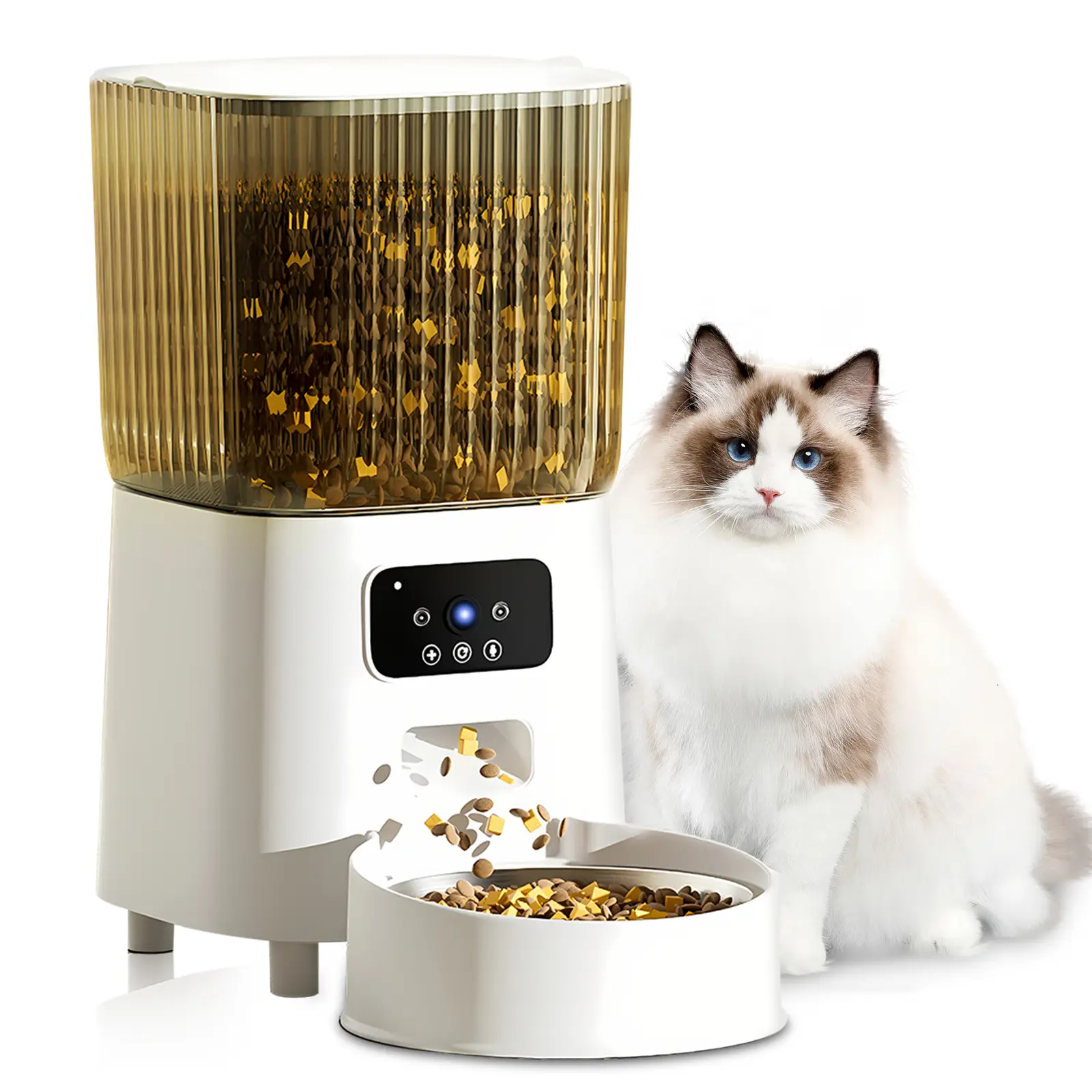 Smart Pet Feeder with 1080P Camera Remote Control & Scheduled Feeding Cat&Dog Food Bowl 5L Large Capacity ABS Stainless Steel Dispenser Kibble White