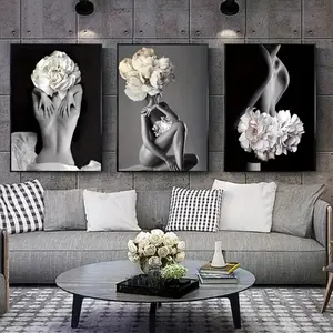 3pcs Wood Frame Canvas Wall Art, Women Flowers Abstract Print, Girl Headband Flower Poster, Realistic Imagery Room Decor, Modern Art Design, Modern Home Decor
