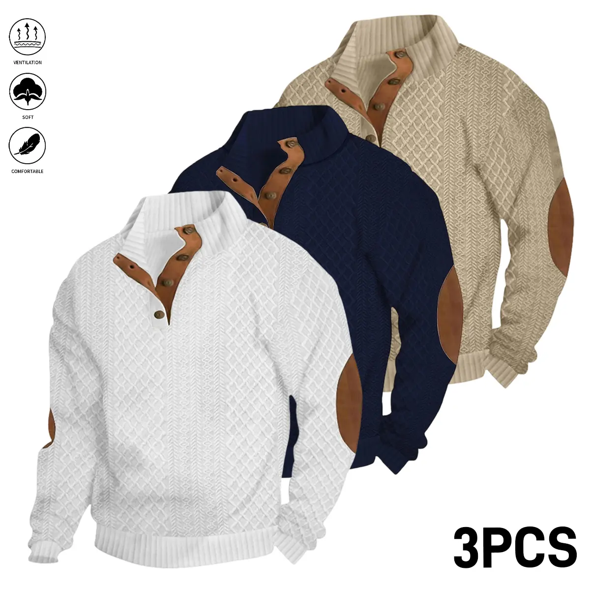 Men's 3-Pcs Jacquard Stand Collar Henley Shirt - Menswear, Long Sleeves, Button Front, Polyester Blend, All-Seasons, Minimalist Street Sporty Casual Sweatshirt