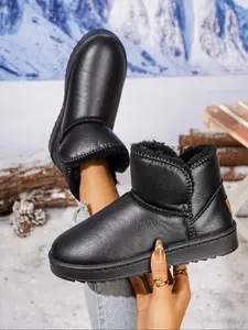 Women's Large Size Short Snow Boots, Winter Warm Fleece Lined, Waterproof PU Leather, Anti-Slip Platform Sole, Outdoor Casual Shoes, Pull On Boots