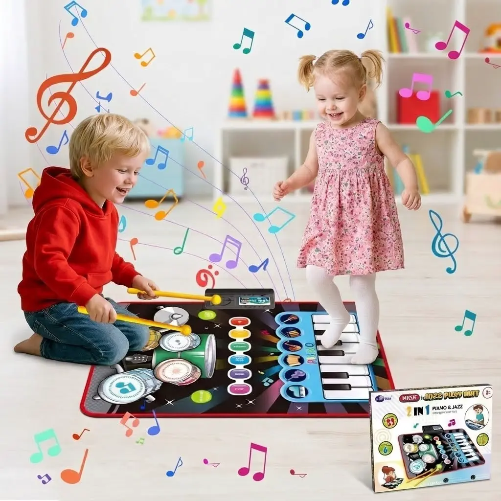 2-in-1 Musical Mat Toy, Piano Keyboard & Drum Set with 2 Drumsticks, Early Educational Non-Toxic Fabric Multifunctional Toy for 1-6 Year Old Boys & Girls, Toys