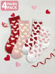 4 Pairs of Sweet & Cool Heart-Print Knee-High Socks Sock Set Pink & Red Contrasting Heart-Shaped Letter Patterns Reinforced Toe for Durability Anti-Friction Foot Protection Sweet Girl Style Perfect for Valentine's Day Outfits All-Season Wear