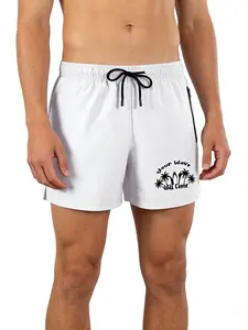 Summer Men's Casual Quick Dry Fitness Shorts with Dual Zipper Pockets Palm Tree & Surfboard Print Lightweight Vacation Surfing Beach Swim Trunks