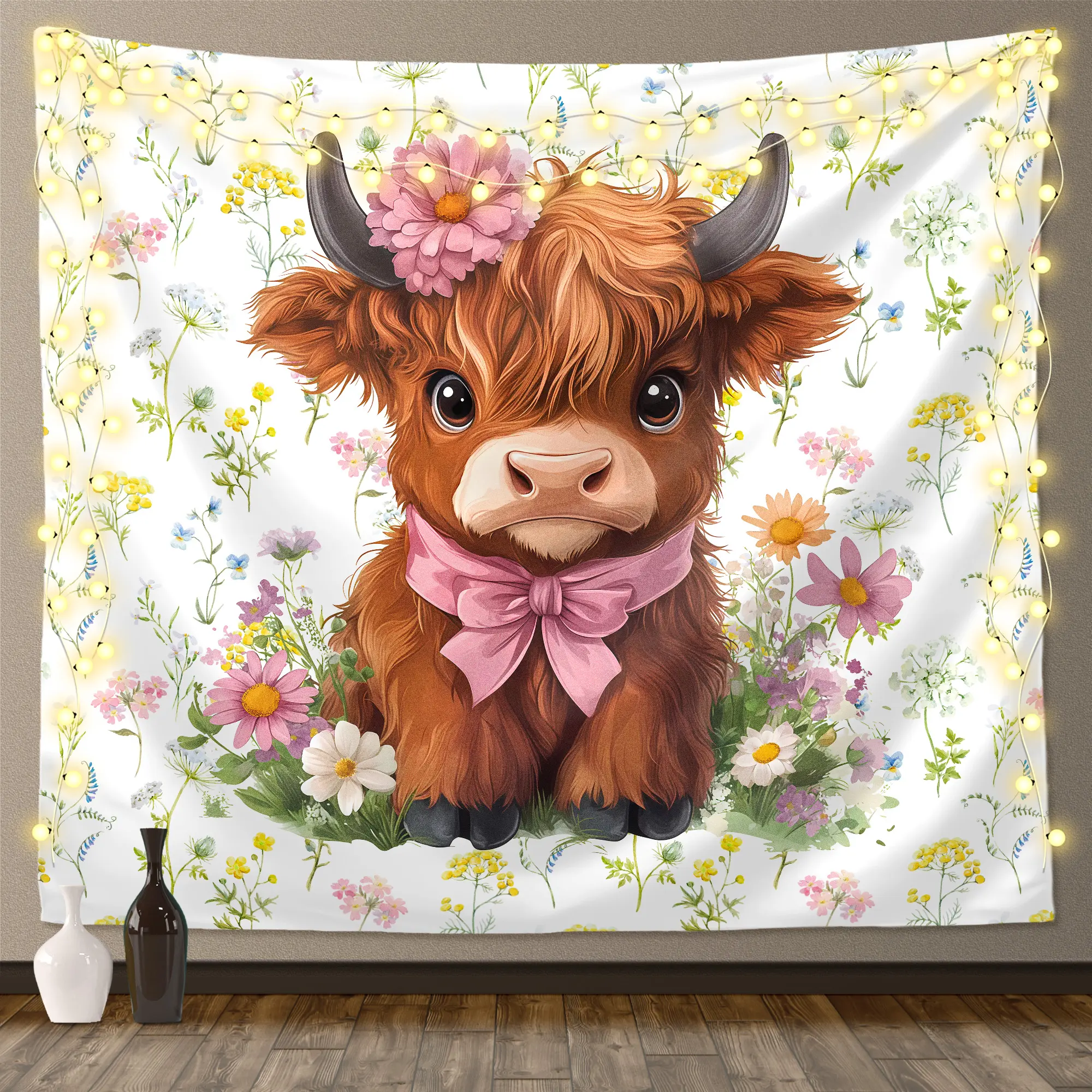 Farmhouse Highland Flower Cow Tapestry - Boho Animal Print Wall Decor, Rustic Scottish Cattle Art, Home Supplies for Bedroom Living Room Boho Decoration