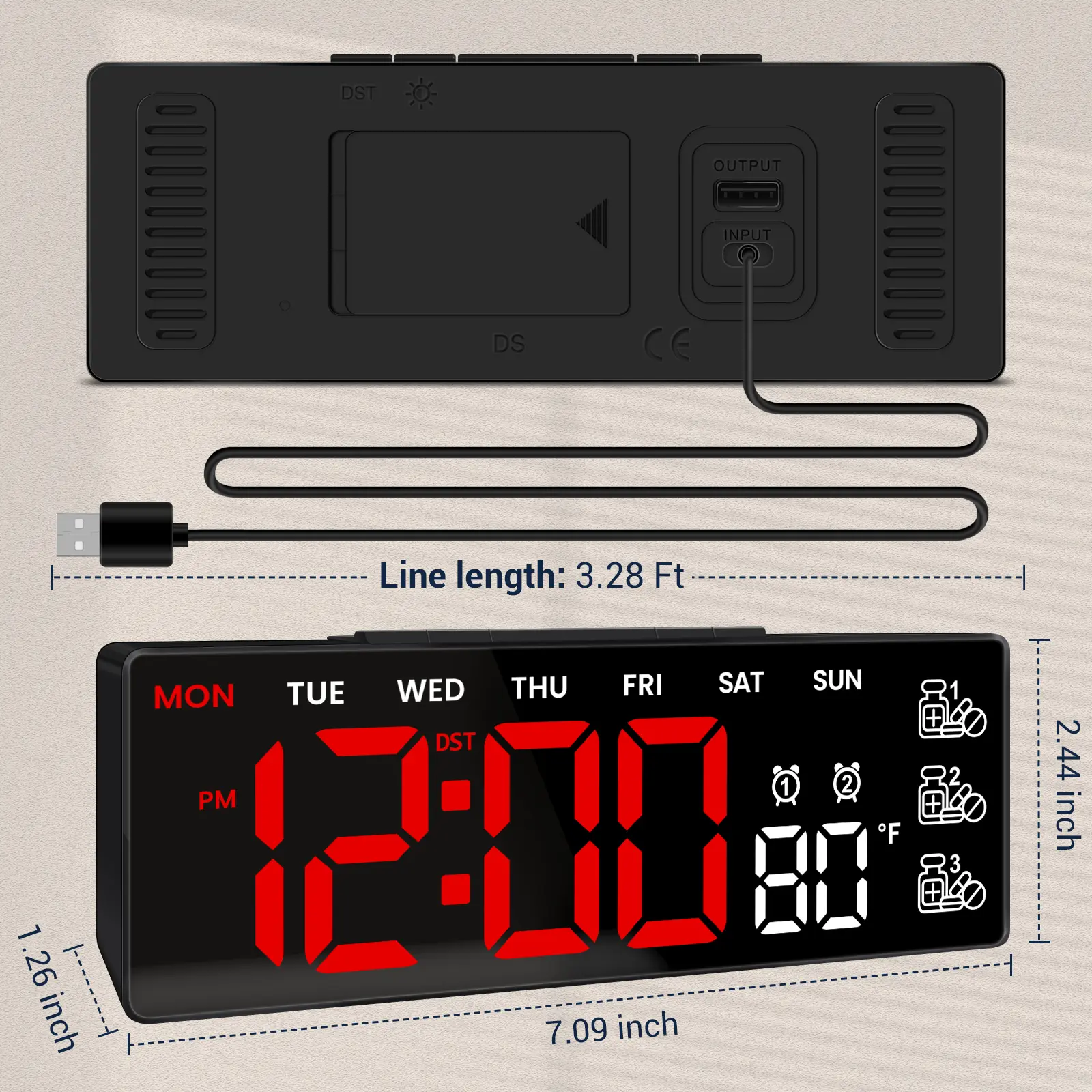 7 in Digital Desk Clock with Big LED Display, Medication Reminder, Date, Temperature, DST, Elderly-Friendly Alarm, Home Decor for Bedroom, Kitchen | Christmas Gifts for Grandma