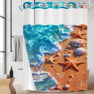 1 Pack No Hook Double Layer Shower Curtain, Ocean Wave & Seashell Print Bath Curtain, Waterproof, Mildew Resistant, Durable Fabric, Beach Home Decor, Removable Liner, Top See-Through Window, Partition Curtain 71"×74"