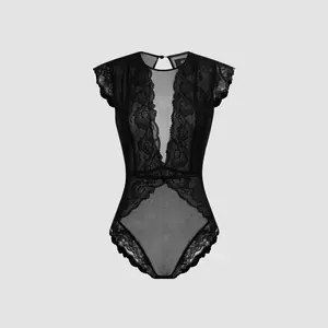 Cider [4 colors, size 0-26] Lace Round Neckline Solid Cut Out See-through Bodysuit