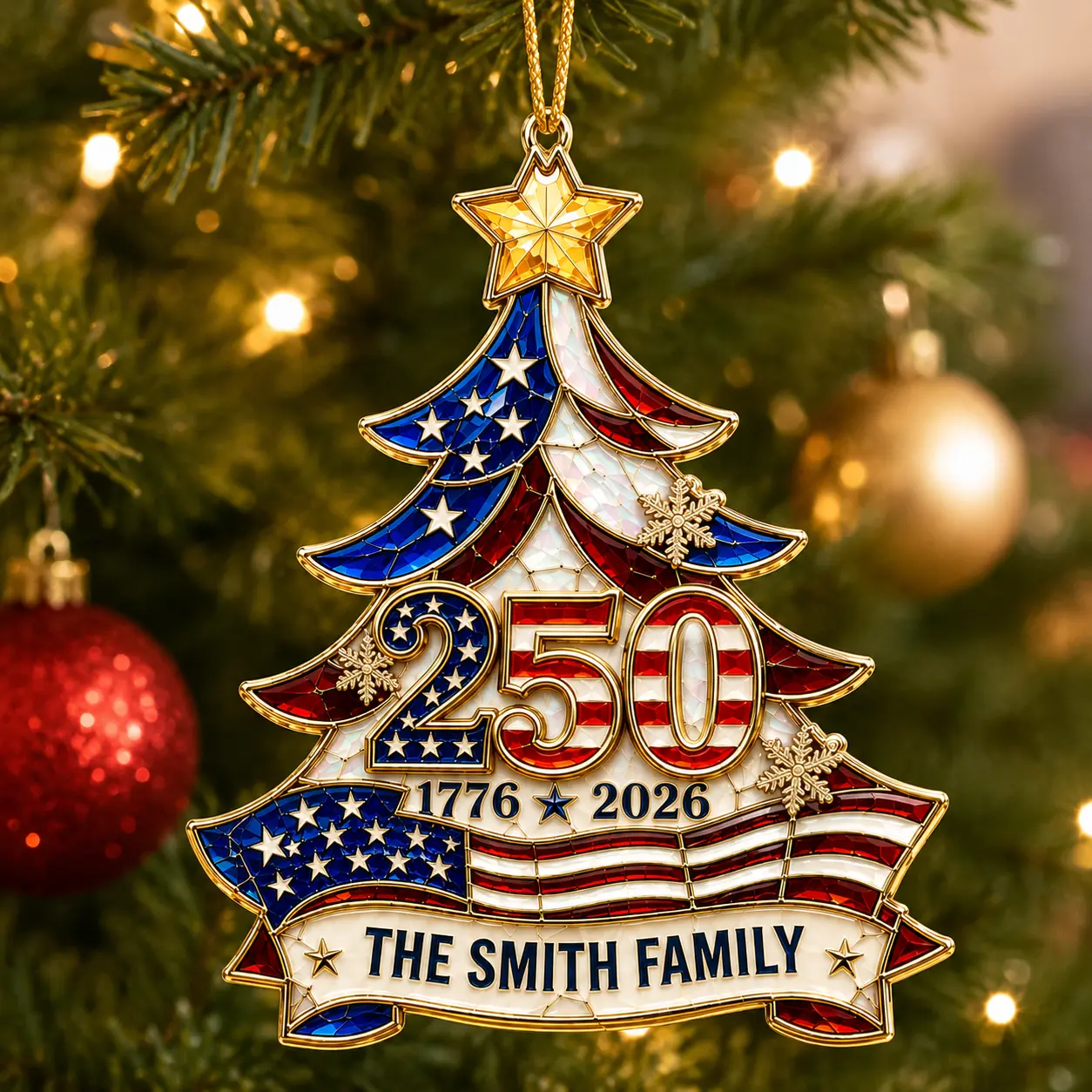 2026 Personalized USA 250th Anniversary Christmas Ornament - Custom Family Name, Festive Home Decoration, Ideal Holiday Gift