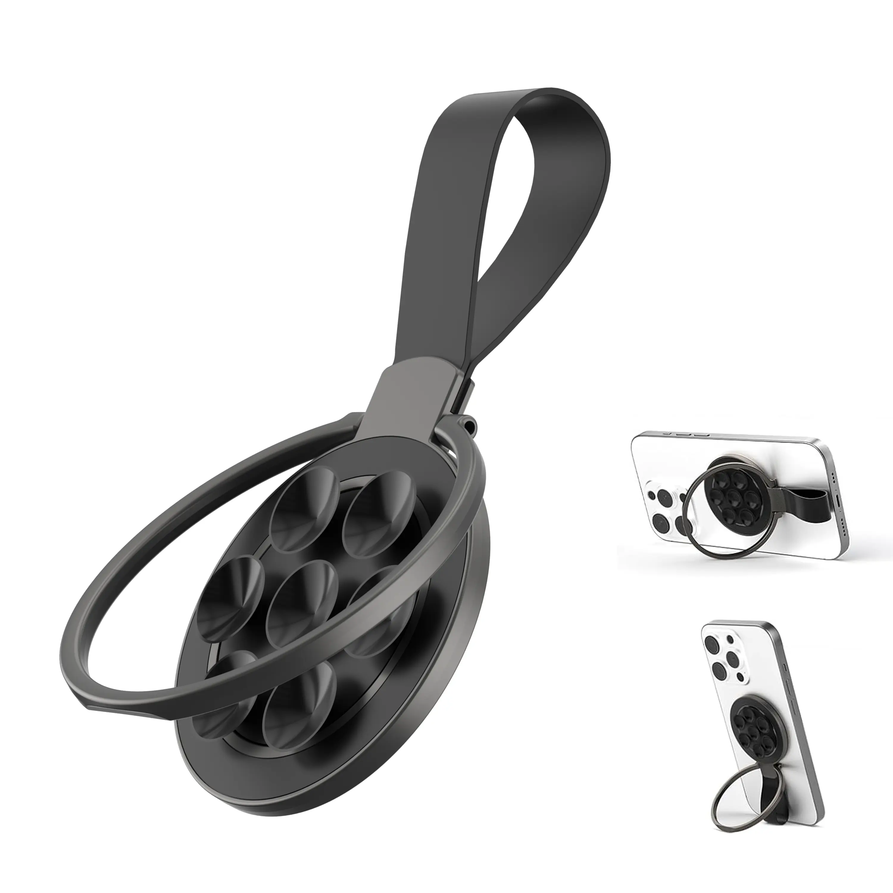 Magnetic Suction Adjustable Durable Metal-TPU Phone Mount & Ring Holder with Strap, Kickstand, Mirror, Silicone Grip - Universal for iPhone&Android, Vehicle Use, Landscape View Support - Adjustable Suction Cup Phone Holders & Mounts
