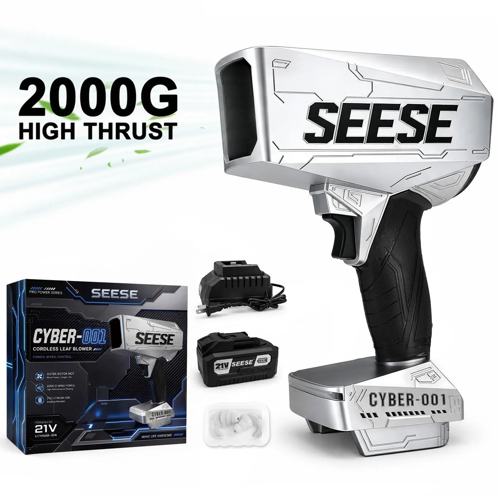 SEESE Cyber Turbo Leaf Blower 2000G, Cordless High-Power Jet Fan with Battery, Brushless Motor for Leaves, Garage Cleaning & Car Wash Drying， Garden Mainte Holiday Gift, Halloween gifts