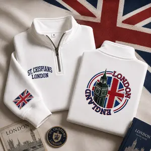 Vintage London Embroidered Quarter Zip Sweatshirt, UK Flag Big Ben Pullover, London Travel Aesthetic Sweater, British Style Gift for Men Women