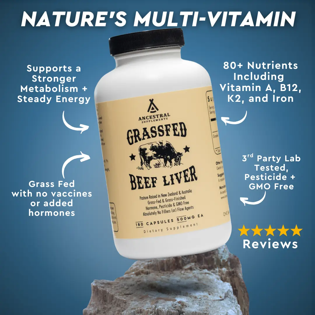 Ancestral Supplements Grass Fed Beef Liver 180 Capsules, Supports Energy Production, Detoxification, Digestion, Immunity and Full Body Wellness, Non-G
