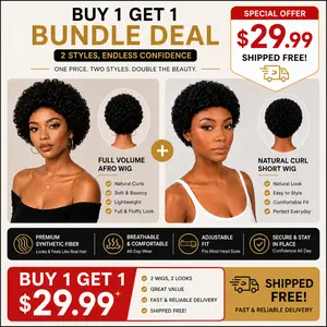 buy 1 get 2 wig Short Curly Wigs Human Hair Wig Afro Wig Kinky Curly Half Wig Easy Wear Go Glueless Human Hair Wig Invisible Hairline Beginner Friendly  for Black Women  Fluffy Natural Soft Hair  Pixie Cut Wig  (#1B Natural Black)