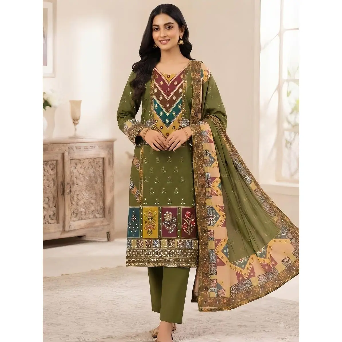 Women's Elegant Traditional 2-Design 3-Piece Salwar Kameez with Mirror Embroidery