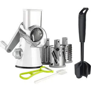 Rotary Cheese Grater Shredder and Hamburger Meat  Stirrer, Round  Slicer with 3 Drum  and Ground Beef Meat Breaker with Heat Resistant 5 Curved