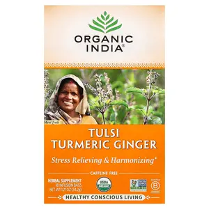 Organic India Tulsi Turmeric Ginger Tea, Caffeine-Free, 18 Infusion Bags, 1.21 oz (34.2 g)