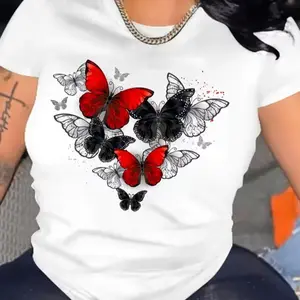Plus Size, Red Butterfly&printed Round Neck T-shirt, Casual Short Sleeved Round Neck Top for Spring, Summer, And Autumn, Pure Women's Plus Size T-shirt