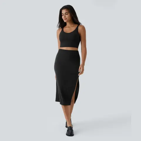 Halara Ribbed High Waisted Split Bodycon Midi Casual Skirt