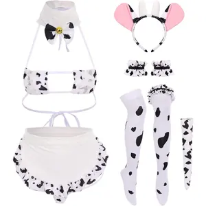 Women Sexy Milk Cow Lingerie Set Anime Maid Cosplay Costume Mini Bikini Bra Bodysuit with Bell Choker Stockings Outfit