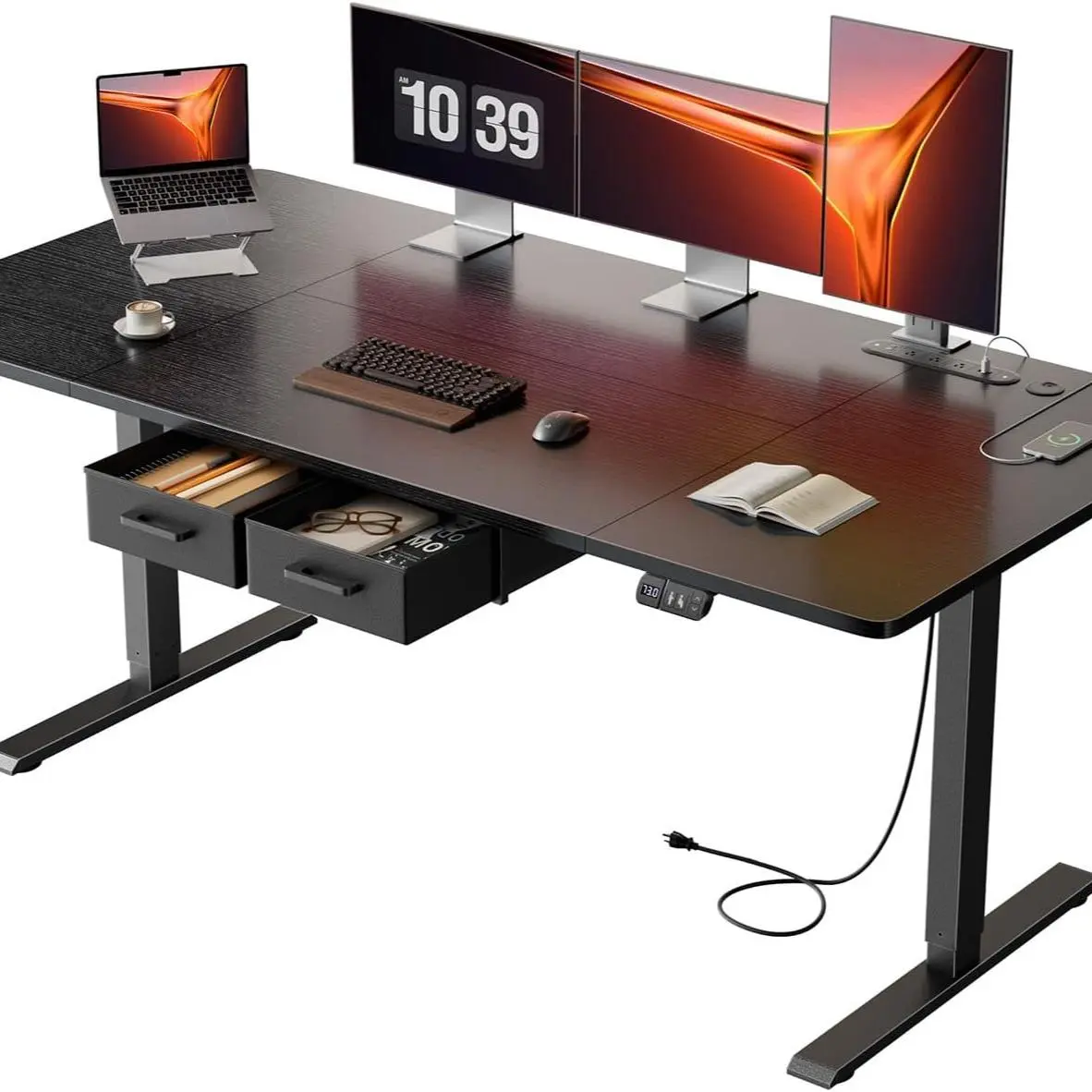 71 Inch Rustic Brown Electric Height-Adjustable Standing Desk, Extra-Wide 31.5" Tabletop with 2 Storage Drawers & Built-in Power Outlets, 176lbs Load Capacity, 2 Memory Presets, Cable Organizer System, Fast Setup, office ,design familyfun