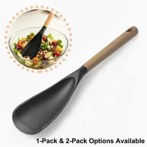 Silicone Cooking Spoon with Wooden Handle, Non-Stick Heat Resistant Serving Spoon for Mixing Scooping, Premium BPA-Free Matte Kitchen Utensil