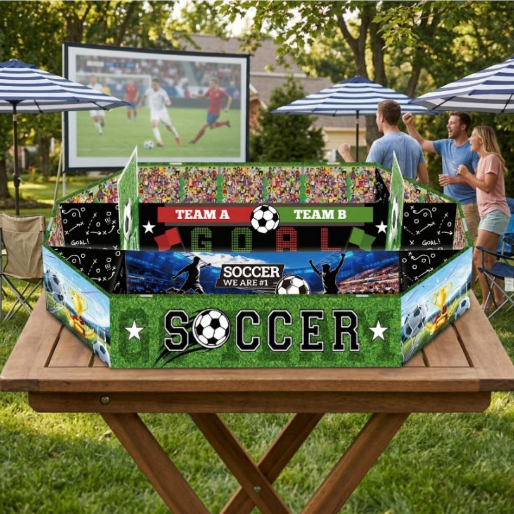 2026 Soccer Party Supplies Set: Extra Large 23x12 Inch "Soccer Field" Shaped Snack Tray, suitable for pre-league parties, matchday parties, and party decorations.