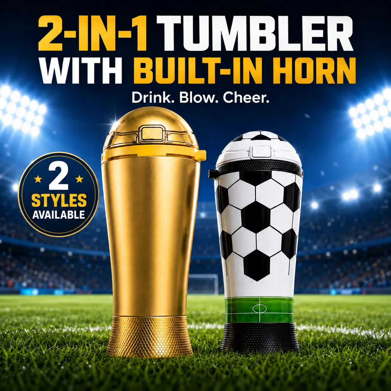 2-in-1 Blow Horn Tumbler Cup with Straw Lid, Loud Cheer Cup for Sports Fans, DIY Travel Mug with 48 Flag Stickers for Game Day & Tailgate Party, Portable Reusable Washable Wide Mouth Lightweight