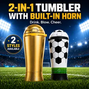 2-in-1 Blow Horn Tumbler Cup with Straw Lid, Loud Cheer Cup for Sports Fans, DIY Travel Mug with 48 Flag Stickers for Game Day & Tailgate Party, Portable Reusable Washable Wide Mouth Lightweight