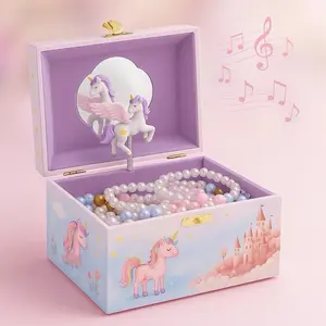Princess Unicorn Musical Jewelry Box for Girls Ages 3–8, Pink Wooden Organizer with Spinning Unicorn Doll & Spring-Loaded Lid, Birthday & Christmas Gift (Box Only)