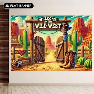 2D Flat 1PC Polyester Banner, Wild West Cowboy Themed Scene, Smooth Draping & Fade Resistant, Retro American Style, for Themed Party, Event Decoration, Photography Backdrop, Window Display, Indoor & Outdoor Use