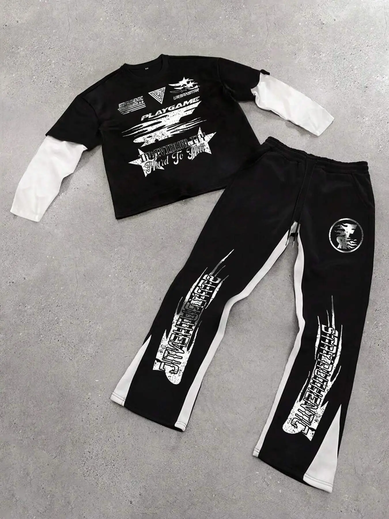 Two-Piece Set, Sport, Athleisure Gym Clothes, Men's Colorblock Stars Graphic 2-IN-1 Tee & Drawstring Waist Sweatpants Set, Regular Fit Round Neck Long Sleeve Top & Elastic Waist Pants, Athletic Men for Fall & Winter