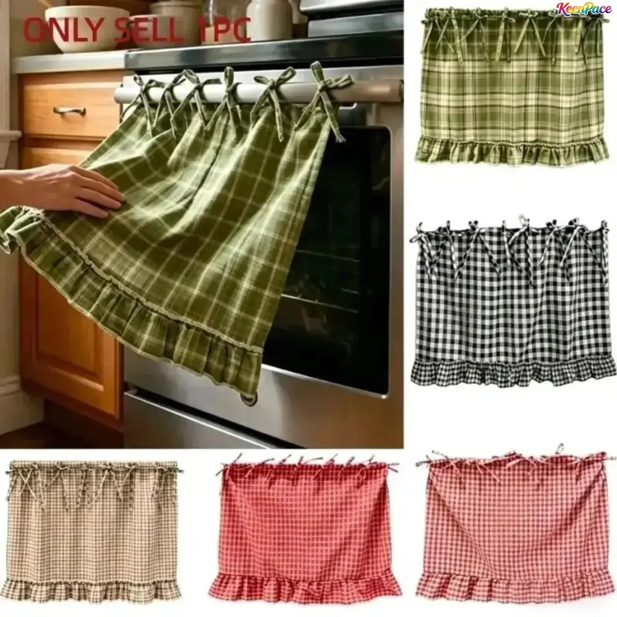 Farmhouse Gingham Plaid Appliance Curtain - Ruffled Hem, Tie Straps, Easy Install No-Drill Washable Fabric Cover with Rustic Charm for Oven/Dishwasher/Washing Machine, Camping Picnic Kitchen Decor Accessory