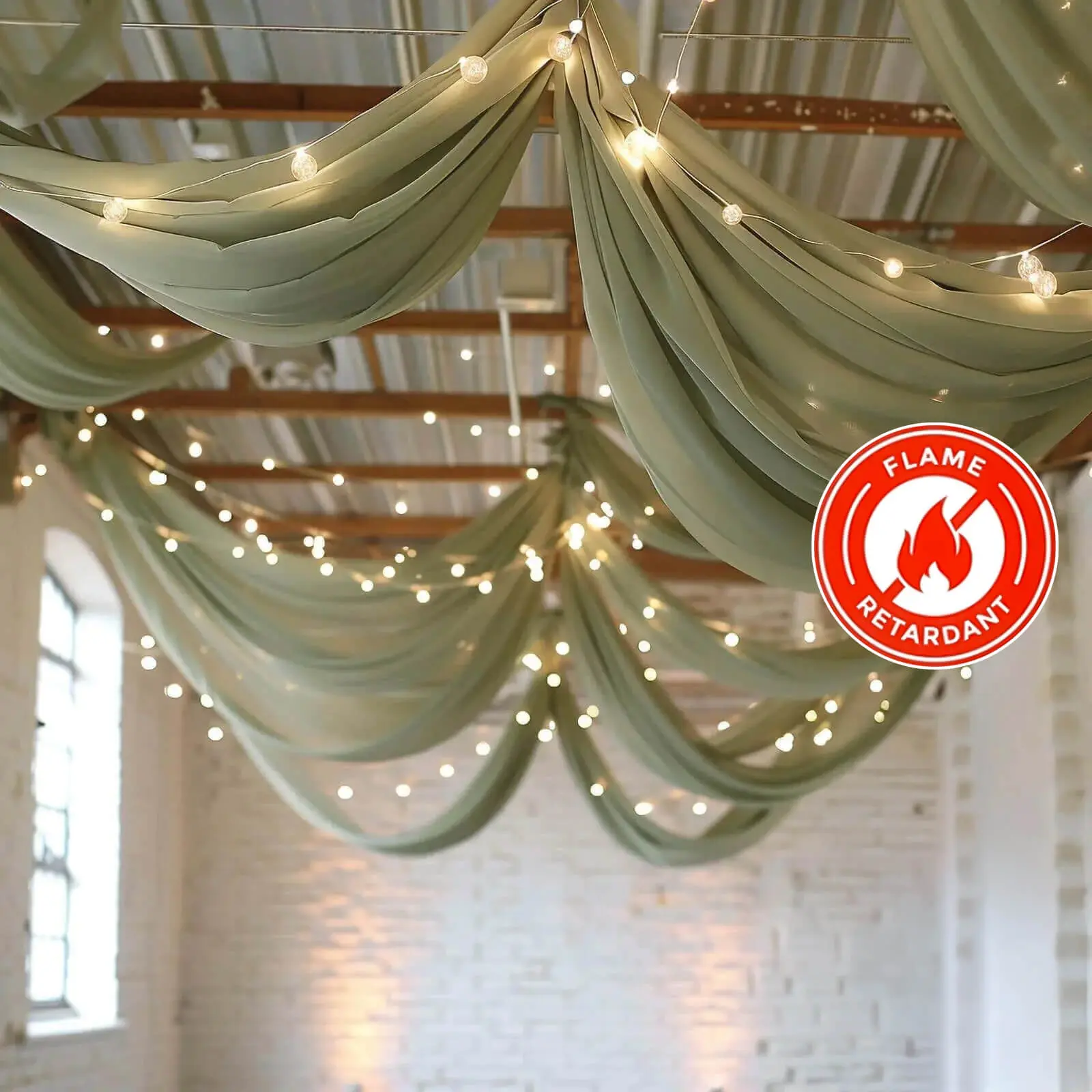 Sage Green Chiffon Ceiling Drapery Panel - Durable, Flame-Resistant, Long Rod Pocket Curtain Backdrop (5ftx32ft) for Wedding Venues, Corporate Events