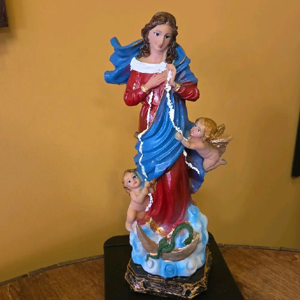 Virgen Desatanudos Statue with Angels and Serpent Base Decorative Religious Figurine for Home Decor