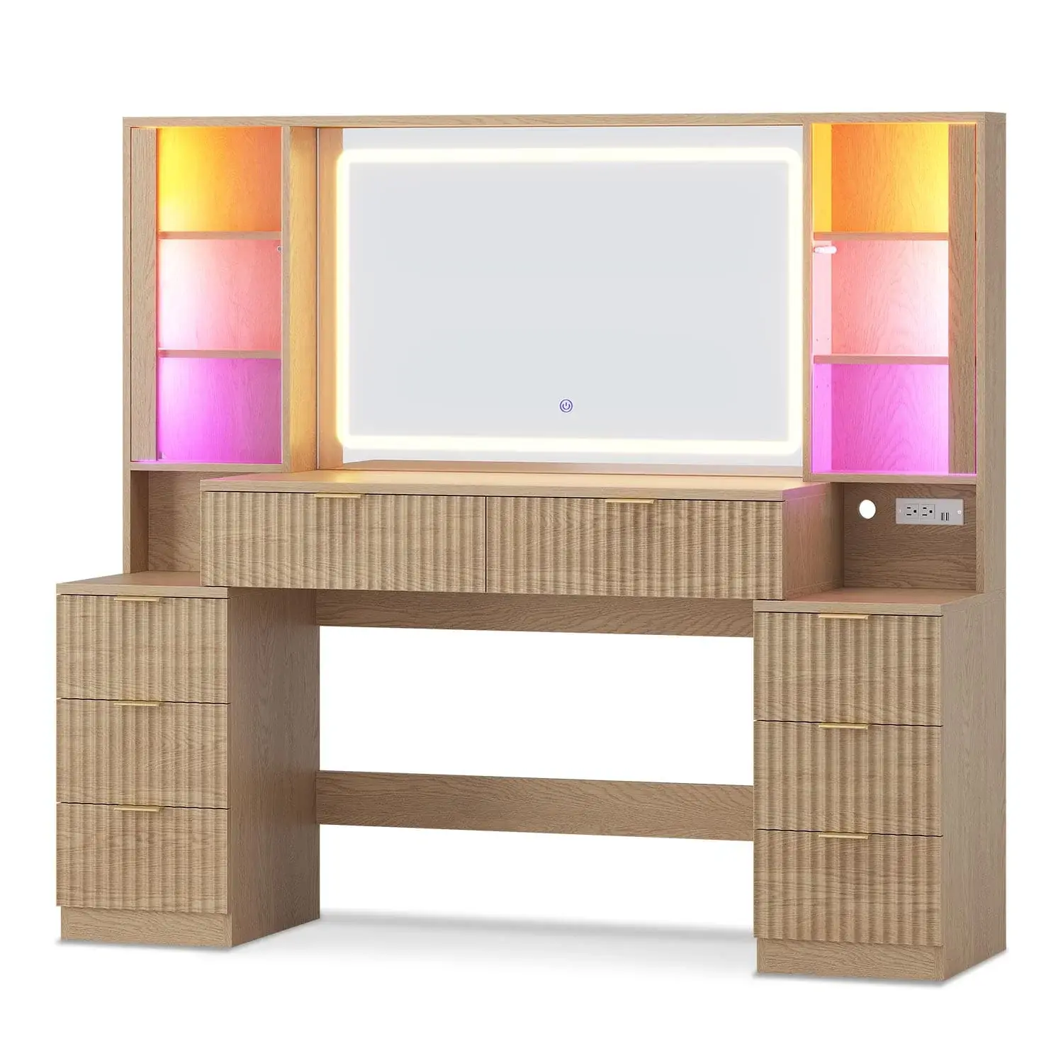 SIKAIC 59.1-Inch Fluted Makeup Vanity Set - Natural Oak Desk with LED Mirror, Storage Drawers, Charging Station & Functional Vanity Desk Design