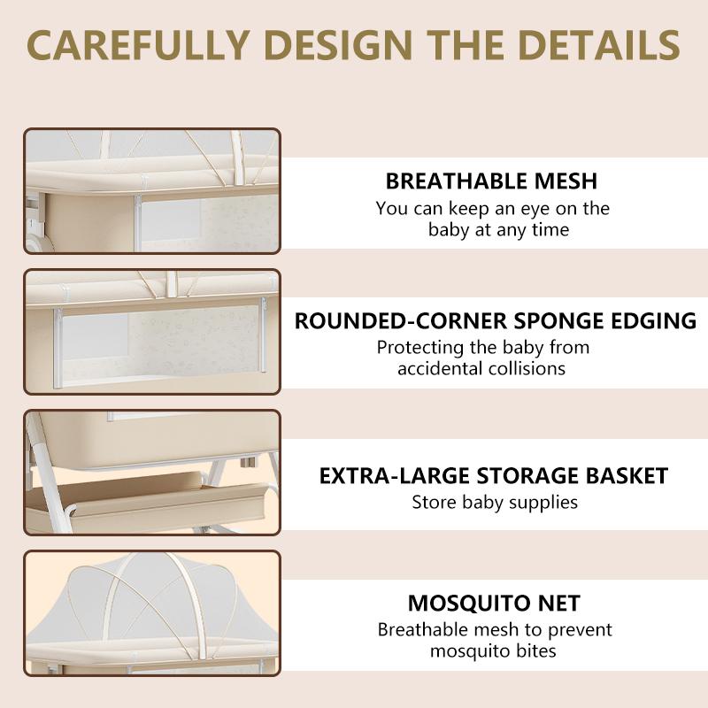 Baby Bassinet, 4-in-1 Baby Bassinets Bedside Sleeper with Wheels and Mosquito Net,Bedside Bassinet for Baby with Comfy Mattress, Mattress&Breathable Mesh,Storage Basket Foldable Portable Adjustable Height soft sheet boy bassinet storage foldable crib baby