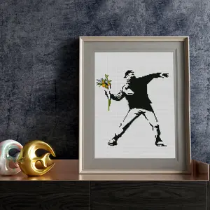 Banksy Flower Thrower Diamond Painting Kit, Squares Diamonds, Full Drill Mosaic Wall Art, Famous Street Art, Modern Home Decor, Banksy, Love Is In The Air, Flower Thrower, Wall Decor, Without Frame