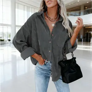 Women's Boyfriend Oversized Corduroy Shirt - Long Sleeve Button Down Casual Blouse