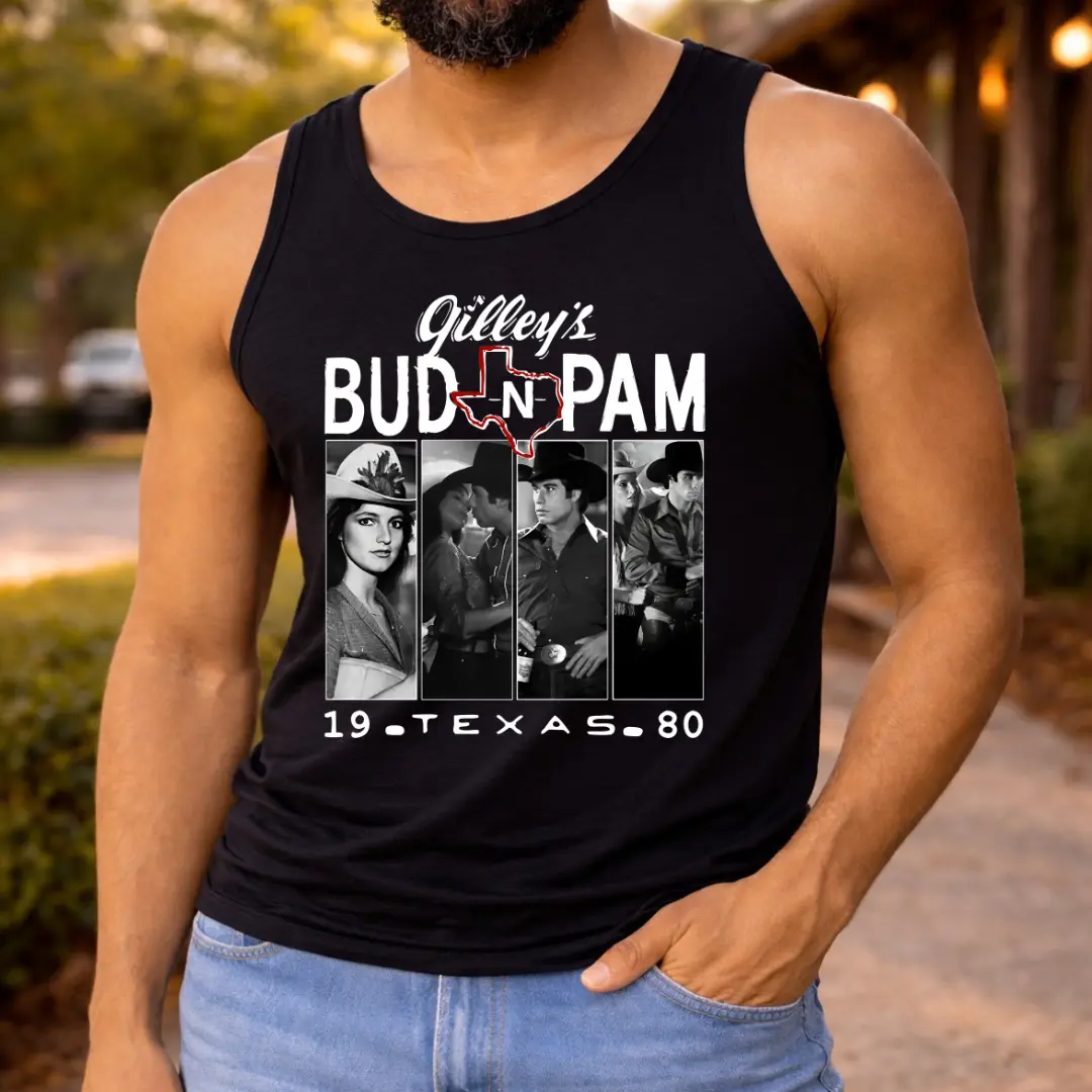 Vintage Urban Cowboy Unisex Tank Top, Gilley's Bud and Pam 1980 Texas Tank, Retro Country Western Graphic Shirt, John Travolta Movie Fan Gift