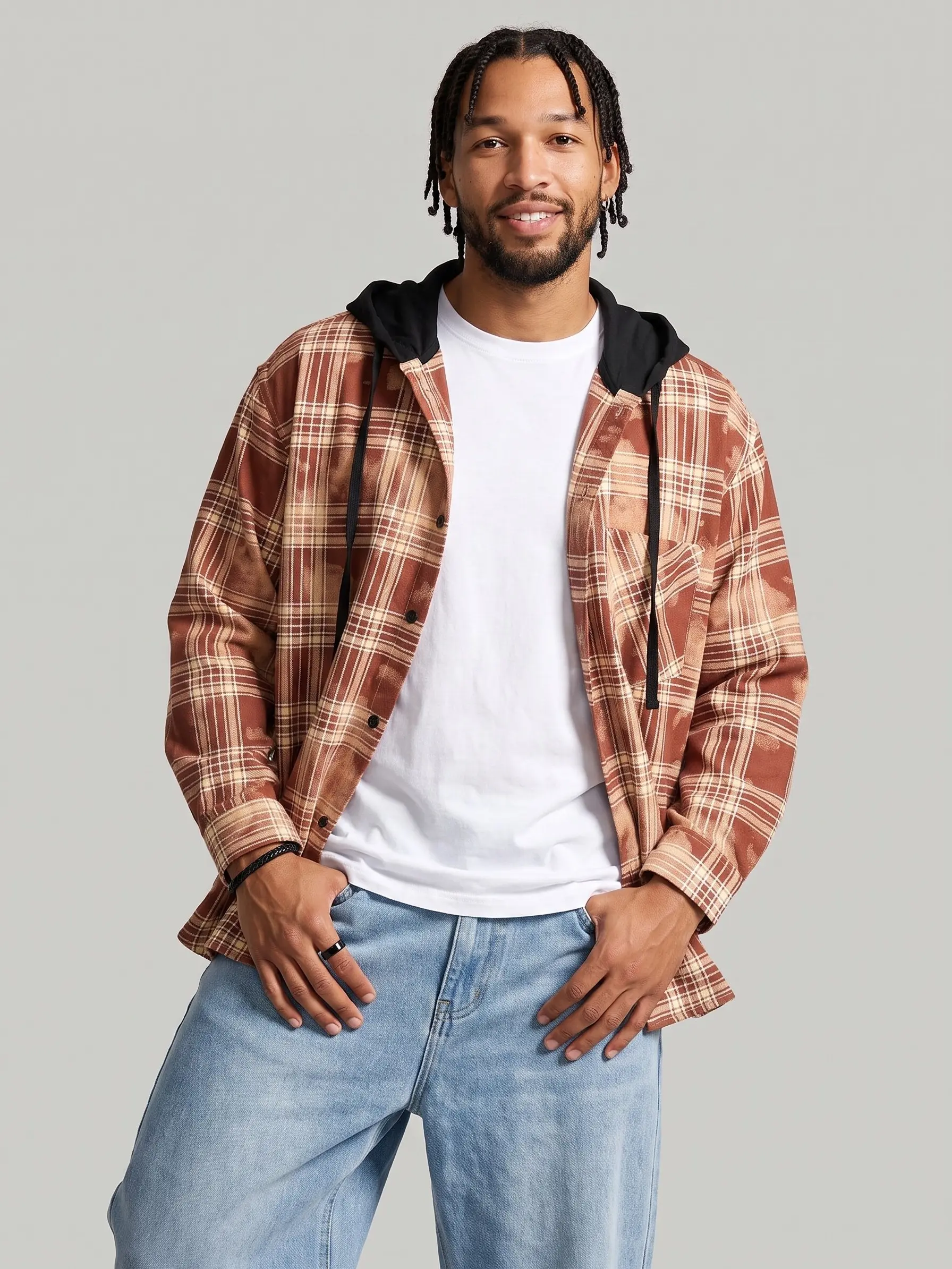KZZ Men's New Arrival Checkered Hooded Long-Sleeve Shirt - Flowy, Relaxed-Fit Casual Men's Hoodie Top
