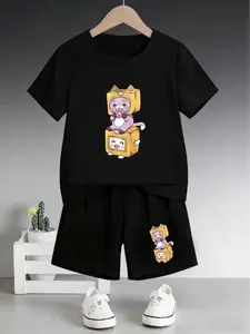 Lanky Box Cartoon Paper Box Cat-Themed Cute Pet Print Children's Set. Summer New Style Boys' And Girls' Short-Sleeved T-Shirts + Shorts 2-Piece Set. Comfortable, Casual, Fashionable And Versatile For Daily Use. The Best Choice For Gift Giving.
